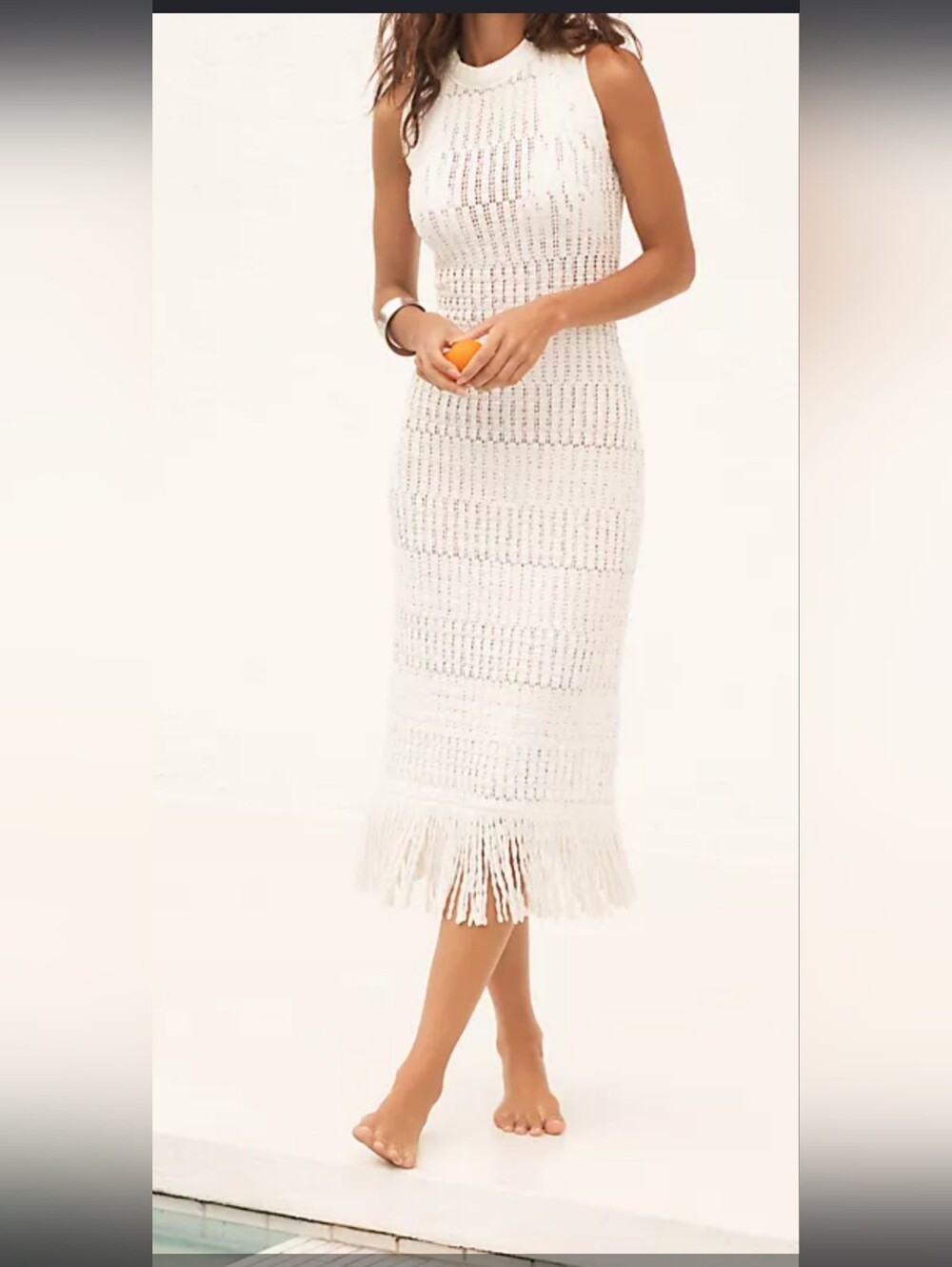 Sleeveless White Crochet Midi Dress with Fringe